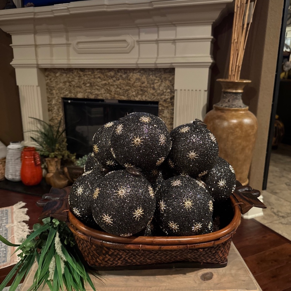 16 VTG Large Beaded Glass Black & Silver Ornaments
